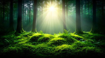 Obraz premium Sunbeams illuminate a lush, mossy forest floor.