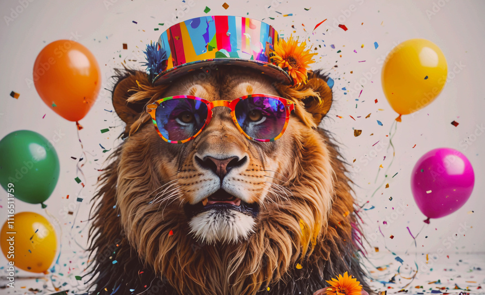 Poster lion wearing sunglasses and a party hat. there are many balloons in the background. the lion is the 