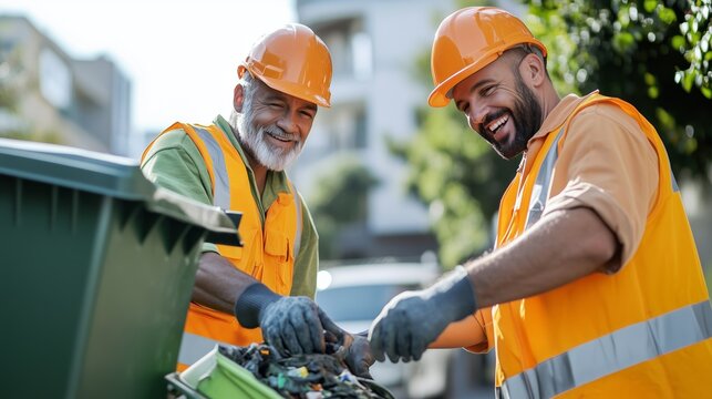 Workers engage in municipal waste management while collecting recyclables in a vibrant neighborhood