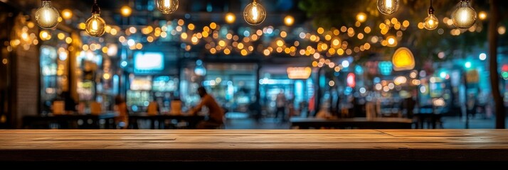 Obraz premium Rustic Wooden Tabletop With Blurred Cityscape Background, Lights, And Bokeh For Nightlife Scene