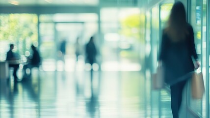 Shopper walking in a blurred corridor of a large shopping mall hall interior with young people modern open space in the background