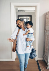 Woman, phone call and bags with infant in home, multitasking and busy with responsibility. Mother,...
