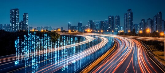 Data Superhighway Illuminated Cityscape Merges with Streaking Light Trails and Binary Code Overlay.