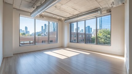 Fototapeta premium Sunlit empty room with large windows offering city view.