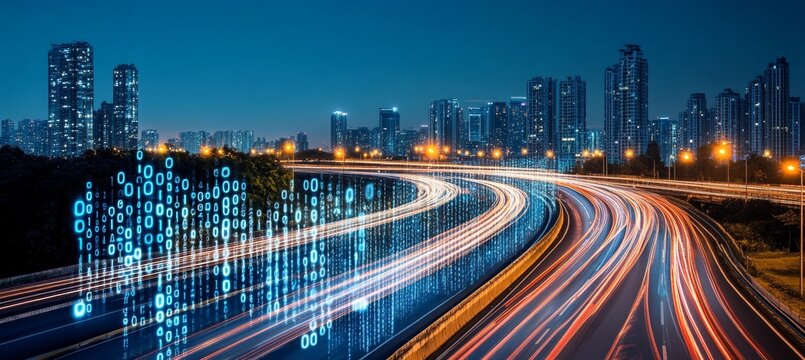 Data Superhighway Illuminated Cityscape Merges with Streaking Light Trails and Binary Code Overlay.
