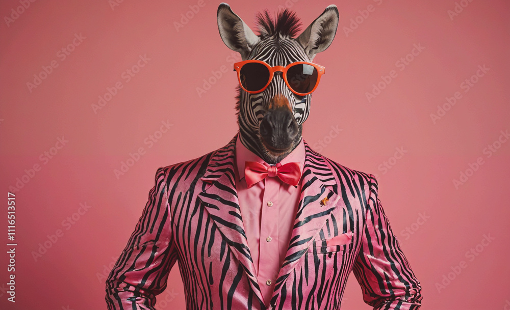 Poster zebra wearing a suit and sunglasses. the suit is pink and black. the zebra is standing in front of a