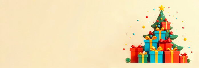 Obraz premium Many colorful boxes with Christmas gifts are stacked near the Christmas tree on a light background. Banner with space for text