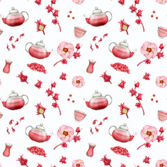 Hibiscus tea, Sudanese rose, Turkish tea glass, flowers in a seamless pattern of watercolor illustrations