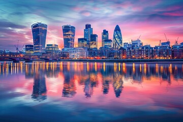 Fototapeta premium The vibrant colors of sunset illuminate the London skyline, with skyscrapers casting reflections on the calm waters of the River Thames in early summer.