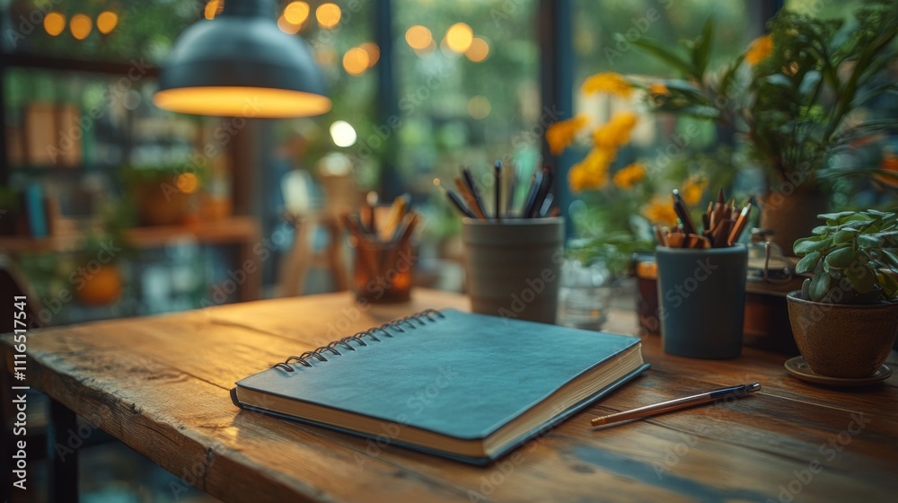 Poster A tranquil workspace features a blue notebook and a pen resting on a wooden table. Surrounding plants add warmth, illuminated by afternoon sunlight through large windows.