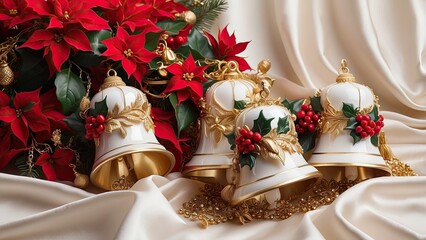 A trio of shimmering gold bells encircled by vibrant poinsettias and holly, gently resting on a softly lit white satin fabric.-