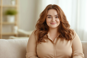 Naklejka premium A woman of European appearance of large sizes sits on a light sofa and smiles. Woman in a modern living room. Advertising banner.