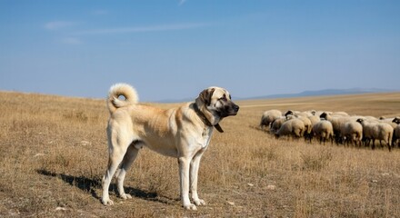 Anatolian shepherd dog guarding sheep flock in vast open field under clear blue sky