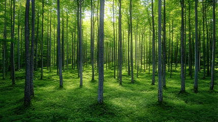 Obraz premium Sunlit beech forest with lush green ground cover.