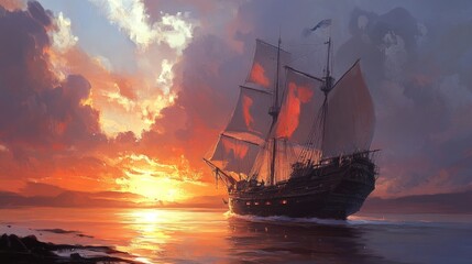 Obraz premium Sunset sailship on calm ocean waters.