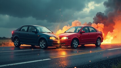 Two red cars collide in a dramatic street scene during twilight in a rainy urban environment