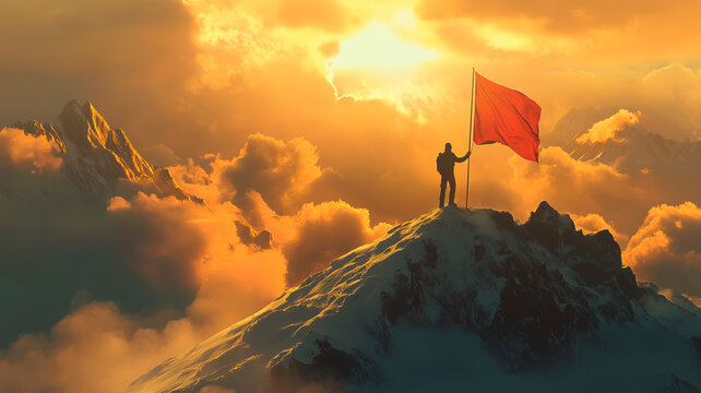 A lone man standing on a snowy mountain peak. Silhouette sets red flag on ground, clouds in background, golden sunrise.