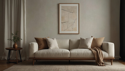 Fototapeta premium A beige sofa, coffee table, and small side tables are in a light-filled living room interior