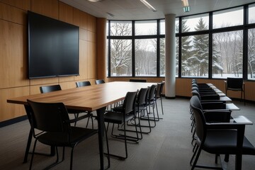 Modern seminar room with minimalist design and serene winter view