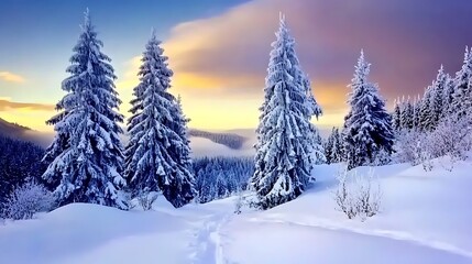Fototapeta premium Snow-Covered Fir Trees in a Mountainous Winter Landscape
