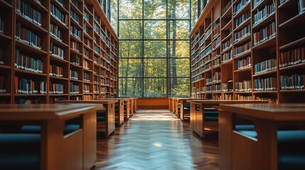 Fototapeta premium Serene library interior with books and forest view through large windows