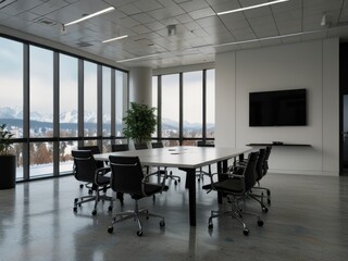 Fototapeta premium Modern seminar room with minimalist design and serene winter view