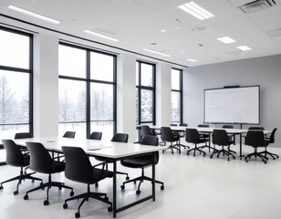Modern seminar room with minimalist design and serene winter view