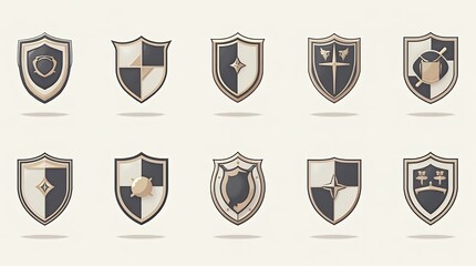 Collection of Twelve Elegant Heraldic Shields Designs in Beige and Black: A Set of Unique and Stylish Coats of Arms