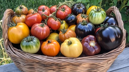 A Basket of Colorful Heirloom Tomatoes