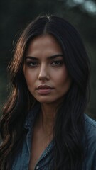 Fototapeta premium Close-up portrait of a woman with long dark hair in natural light outdoors