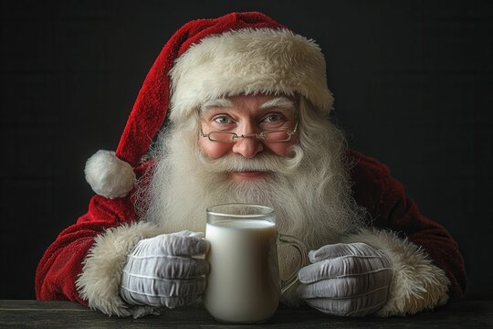 A cool and sexy Weihnachtsmann, playing a bad Santa, takes a break with a glass of milk