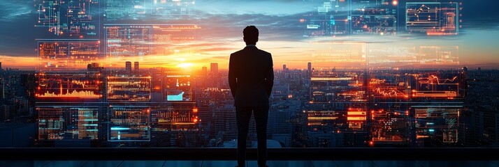 Visionary Businessman Overlooking Cityscape With Digital Overlays Representing Tech Innovation