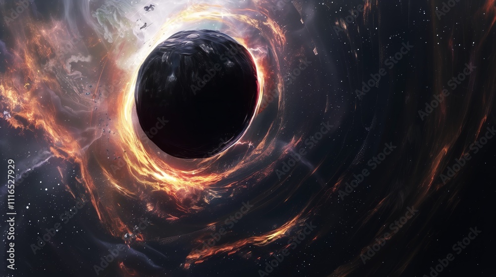 Wall mural cosmic inferno: a dark planet engulfed in fiery nebula, cosmic dust swirls around it in a breathtaki