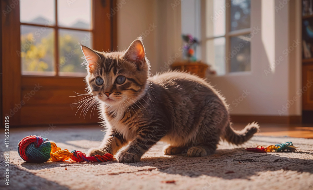 Poster Kitten is playing with a toy. The toy is a ball with a string attached to it