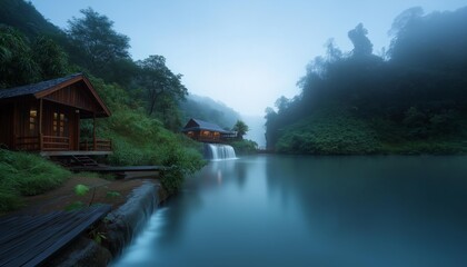 Obraz premium AI generator image of Country Resort style wooden house on the top of a mountain with a view of waterfalls and rocks, beautiful landscape