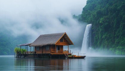 Obraz premium AI generator image of Country Resort style wooden house on the top of a mountain with a view of waterfalls and rocks, beautiful landscape