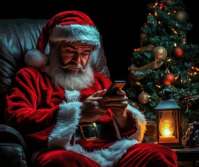 Obraz premium A harsh and unpleasant Santa Claus, clutching a bag of gifts, is depicted in front of a Christmas tree, with a dissatisfied phone talking in the background