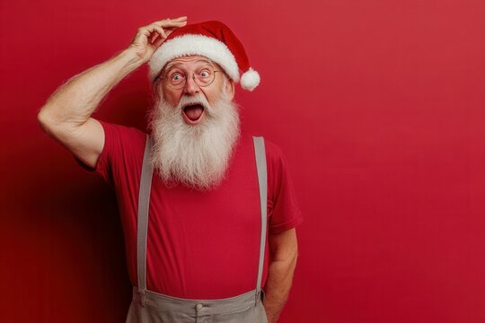 A grey-haired senior man with a long beard, dressed in a white t-shirt and Santa Claus costume, is surprised and holding his head, signifying a forgotten mistake or bad memory