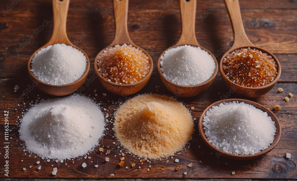 Poster four spoons of different colored salt on a wooden table. the spoons are arranged in a row