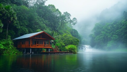 Fototapeta premium AI generator image of Country Resort style wooden house on the top of a mountain with a view of waterfalls and rocks, beautiful landscape