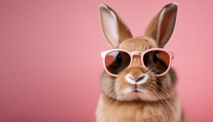 Obraz premium cute easter bunny dressed with sunglasses on a pink background with space for copy