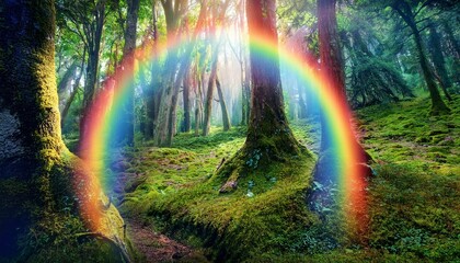 magical fantasy fairytale forest with rainbow and trees