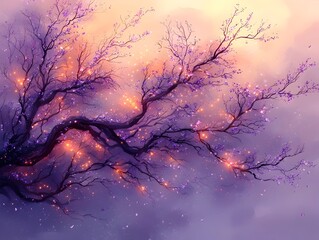 A fantastical digital artwork of an illuminated tree branch against a dreamy background, featuring soft purples, pinks, and glowing particles that evoke a mystical atmosphere.