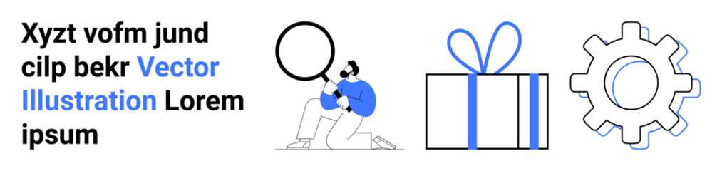 Man analyzing data with magnifying glass, large gift box with ribbon, and gear illustration. Ideal for business solutions, analytics, rewards, settings, achievements, process optimization and focus