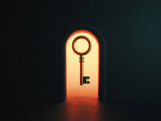 glowing key suspended in doorway, illuminating dark room, symbolizing opportunity and new beginnings