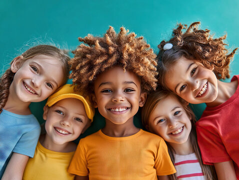 group of happy, diverse children smiling together against teal background