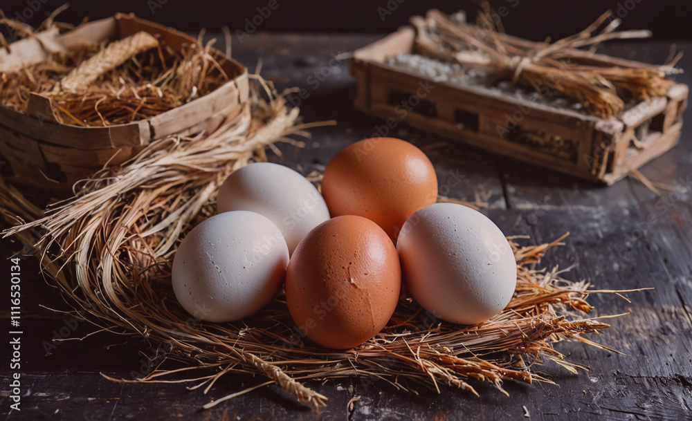 Aufkleber basket of eggs with one white and four brown eggs. the eggs are sitting on straw. there is a wooden 