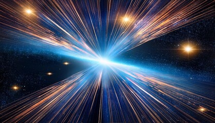 illustration of glowing light beams on dark background shining brightly in the vast space surrounded by a deep universe background full of distant galaxies and glittering star dust