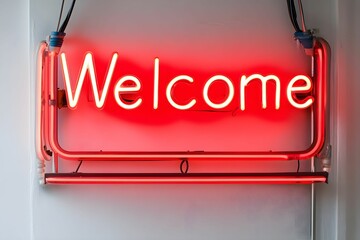 Fototapeta premium Bright neon welcome sign lights up entrance of a cozy establishment at night
