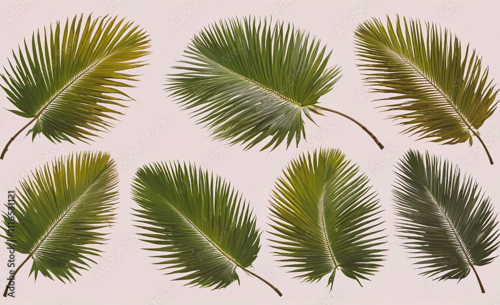 Poster set of palm leaves with different shades of green. the leaves are arranged in a row. there are six l